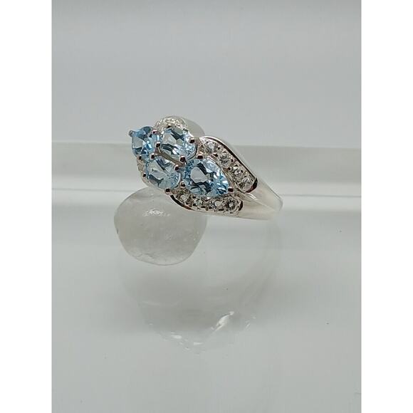 NOS Vintage Estate Blue Topaz Simulated Diamond Sterling Silver Ring Size 7.5 - Picture 8 of 12